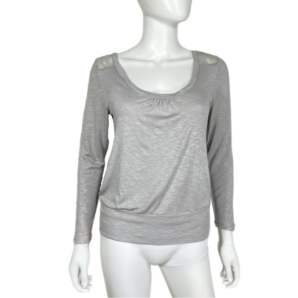 One Step Up Gray Lace Shoulder Back Scoop Neck Long Sleeve Blouse